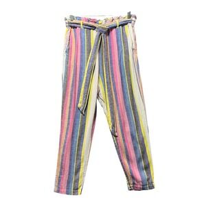 Abound Linen Blend Striped Pants M Paperbag Waist Belted Pull‎ On Casual